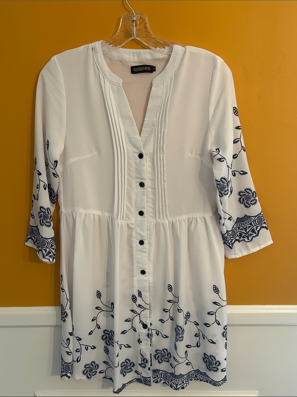 Reborn White Tunic with Navy Floral Embroidery